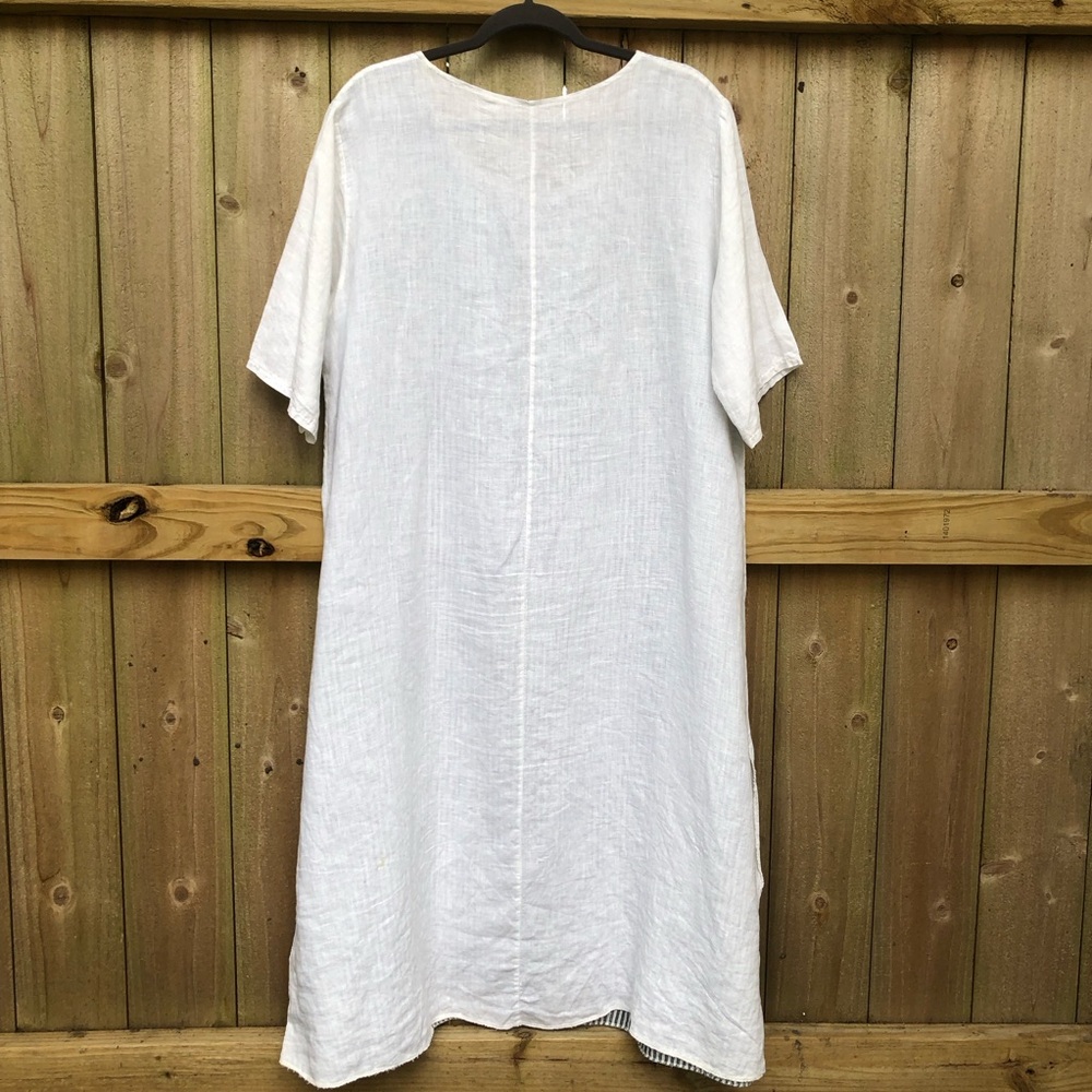 AMO 100% Linen Lagenlook Midi Dress White Navy Stripes Layered Italy with Scarf - Picture 9 of 14